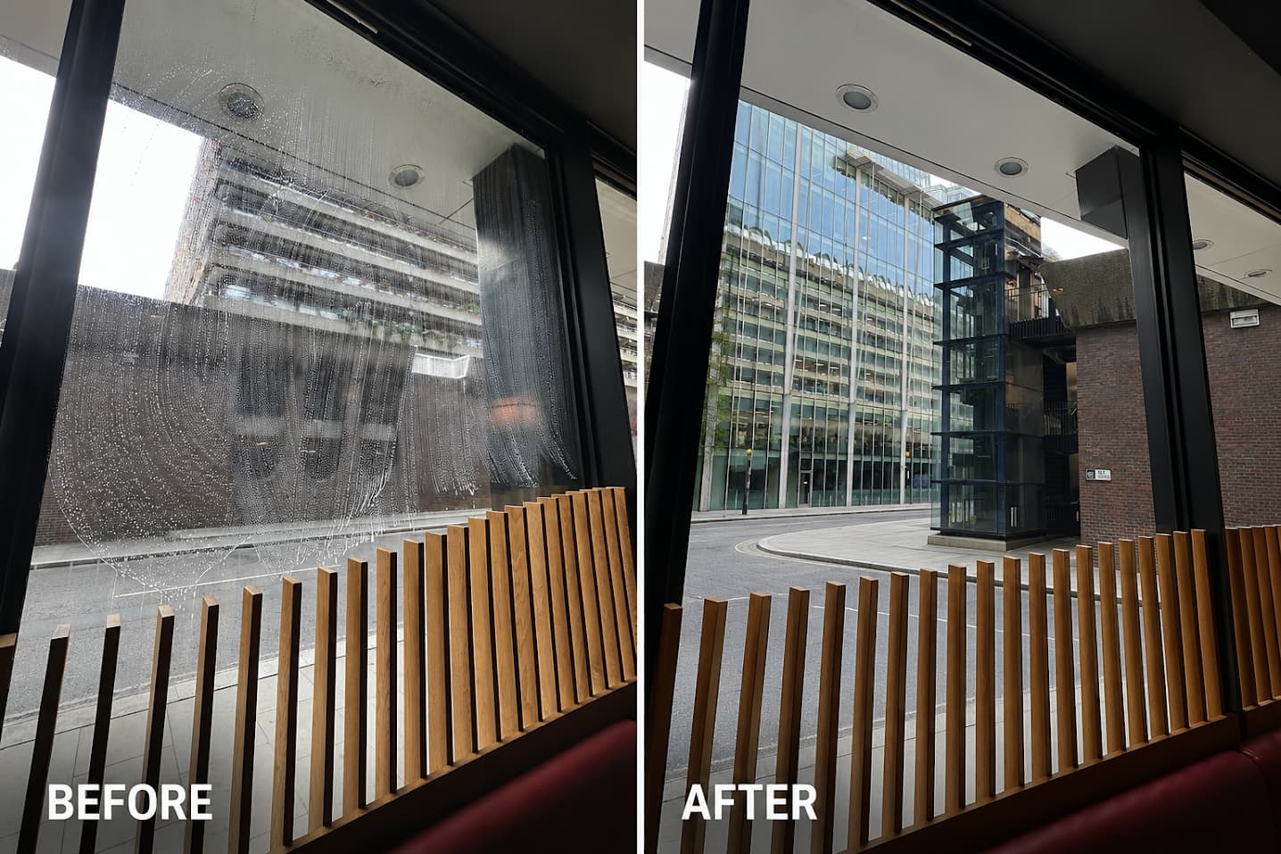 Before and after cleaning a restaurant frontage window: covered in watermarks, then a clear view of the street outside.