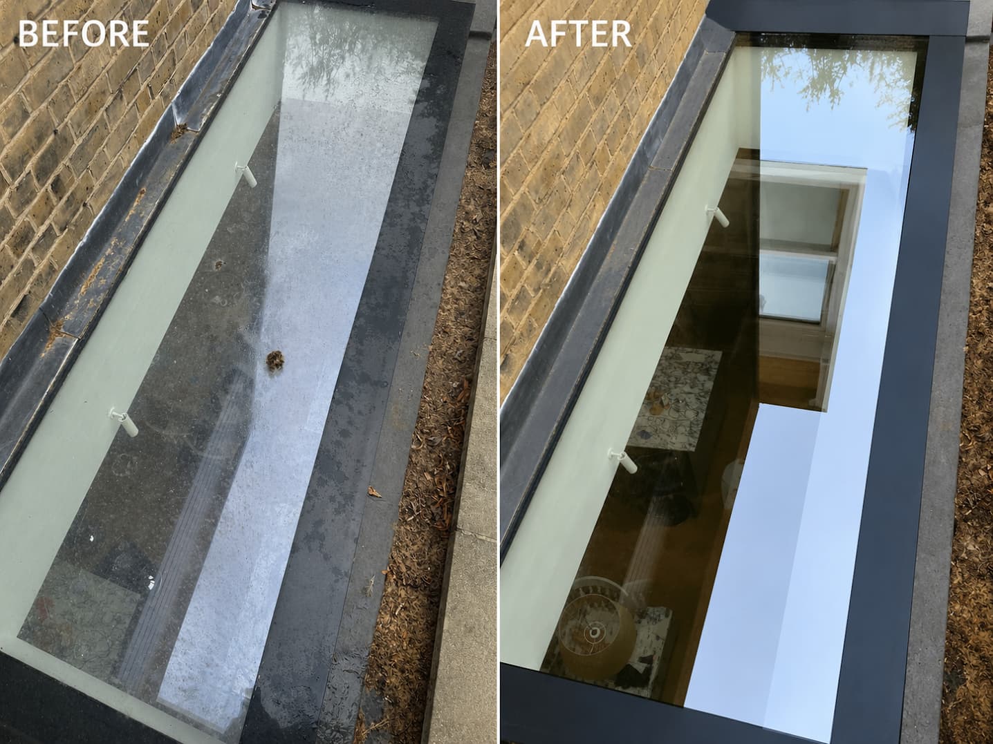 Before and after cleaning a flat roof window: filmed with dirt, then clear into the room below.