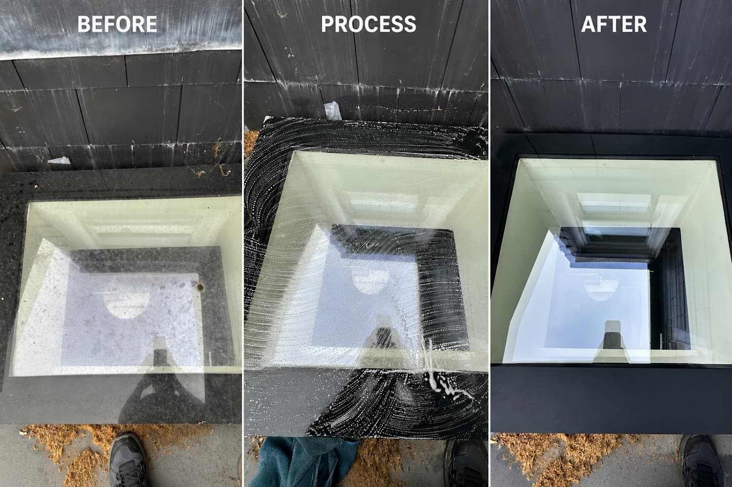 Before, during and after cleaning a roof skylight set into dark cladding.