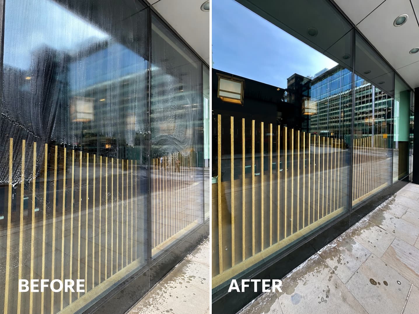 Before and after cleaning a full-height commercial glazing panel: heavily streaked, then completely clear with a street view.