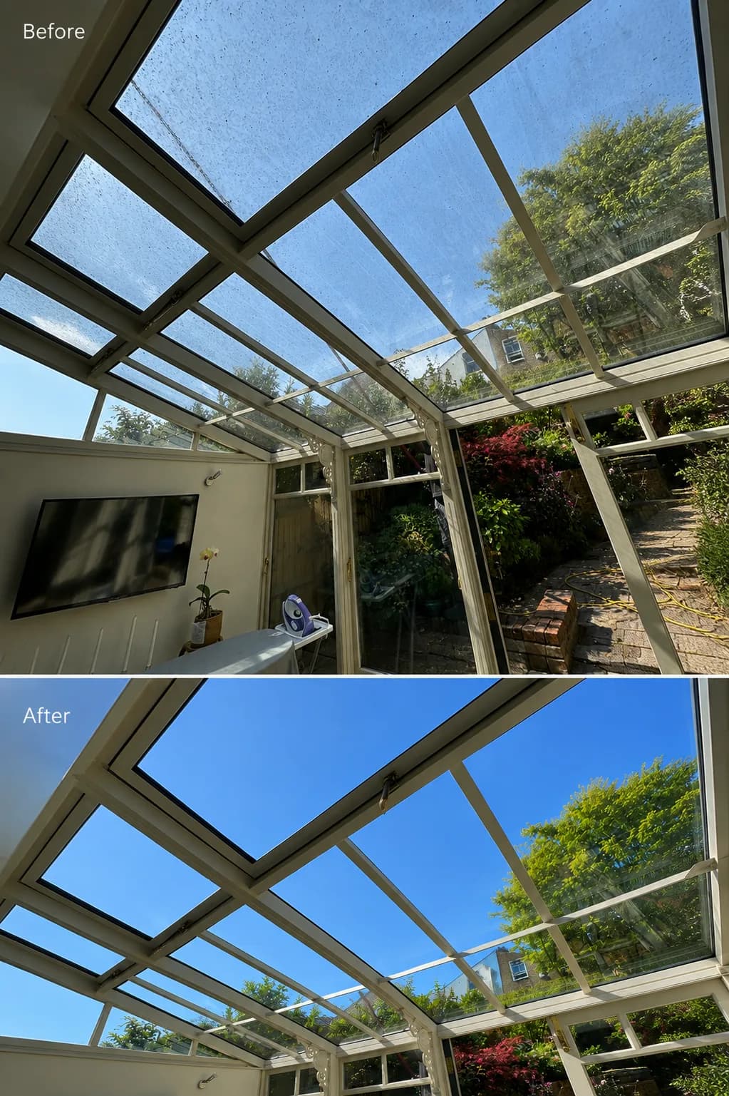 Before and after cleaning a conservatory roof: hazy and marked, then completely clear with blue sky above.