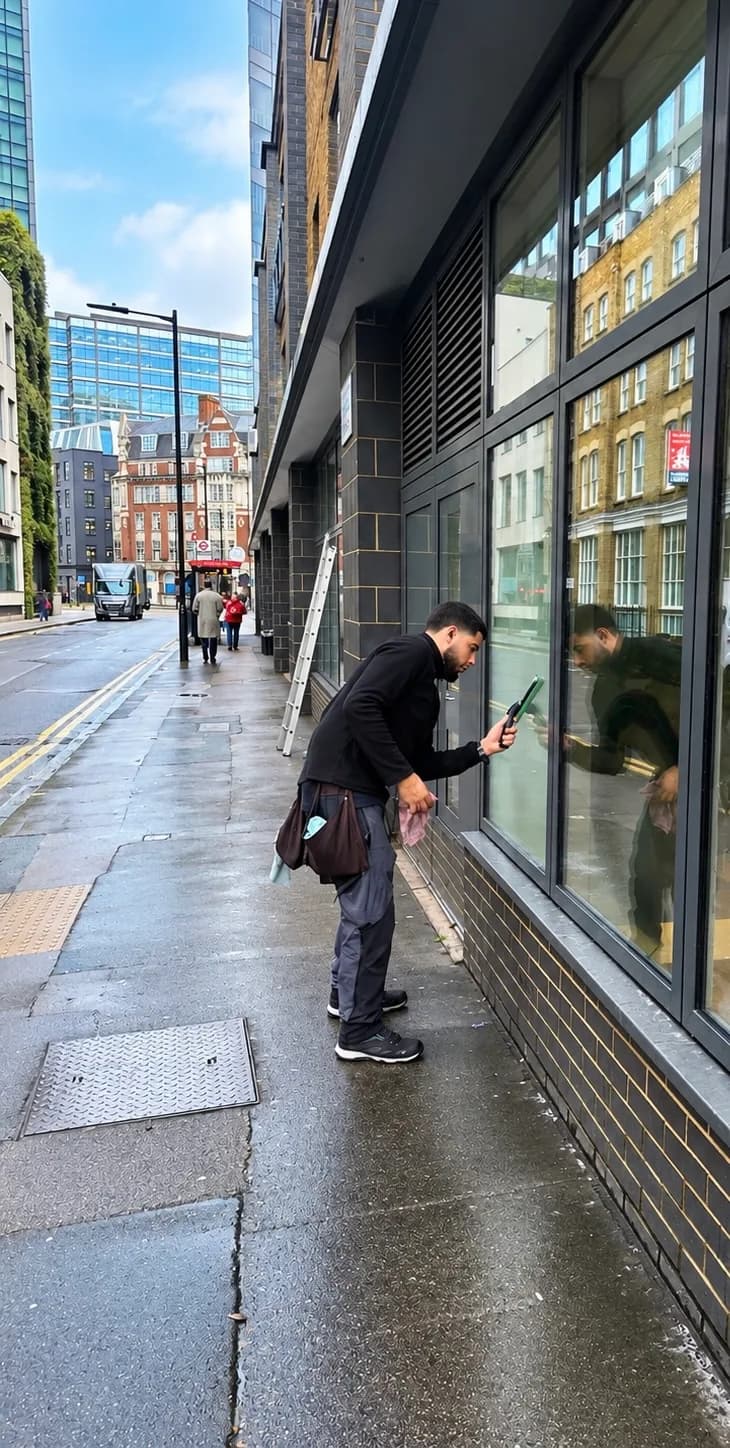 Hand-cleaning a ground-floor shop window on a London street with a squeegee.