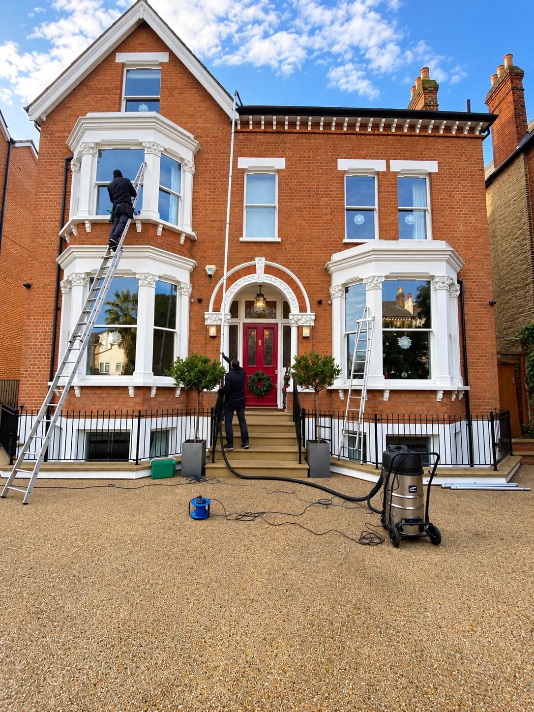 Two technicians cleaning the upper bay windows and front door glazing of a red-brick London townhouse with a water-fed pole.