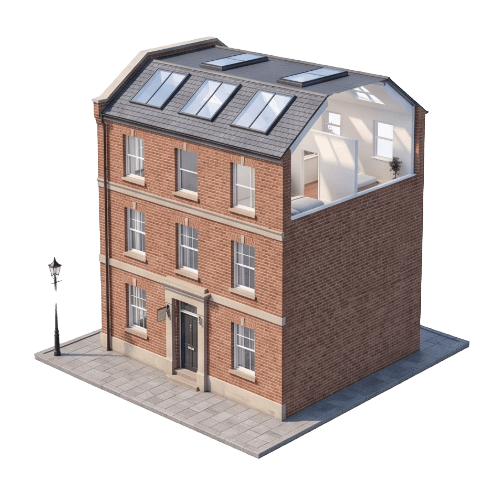 Illustration of a brick townhouse with skylights set into the roof.