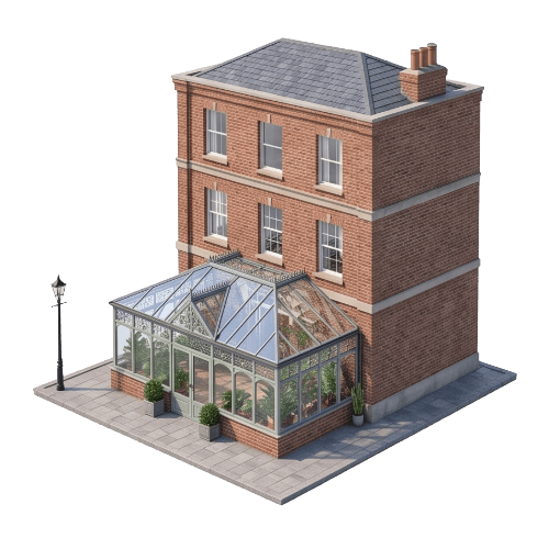 Illustration of a brick house with a glass conservatory.