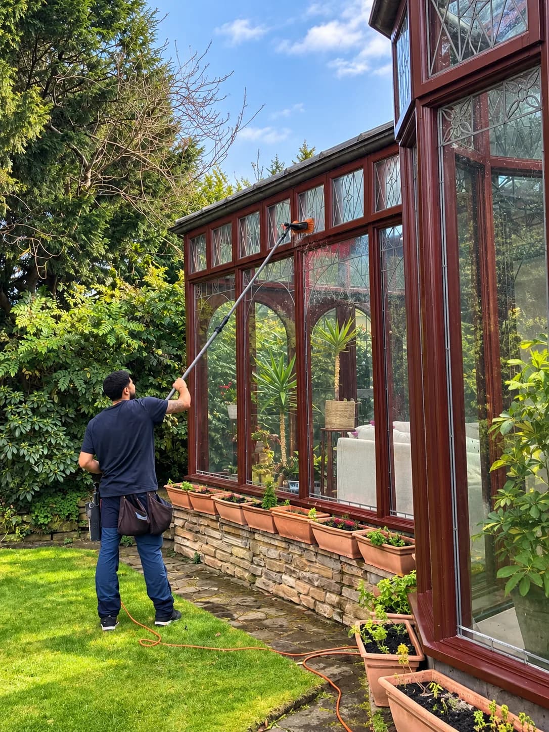 A technician cleaning the ornate glass roof of a Victorian-style conservatory with a pole and brush.