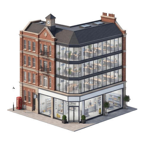 Illustration of a corner building with a glazed shop front and office windows above.