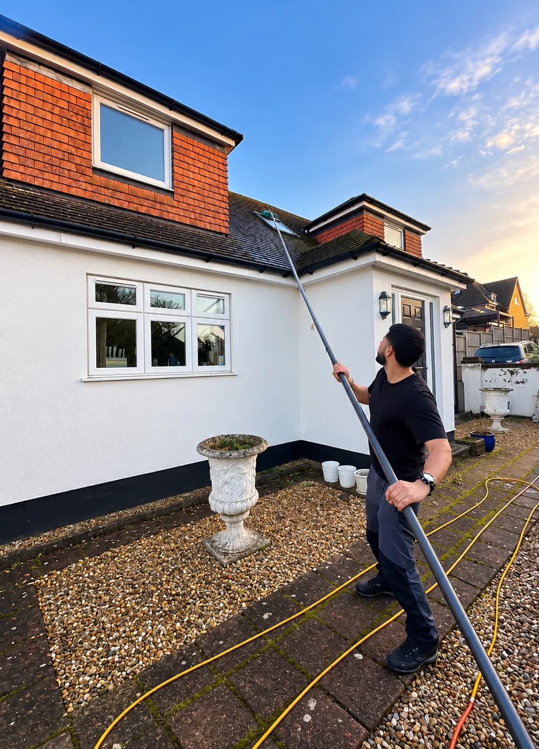A technician reaching a roof skylight with a water-fed pole at golden hour.