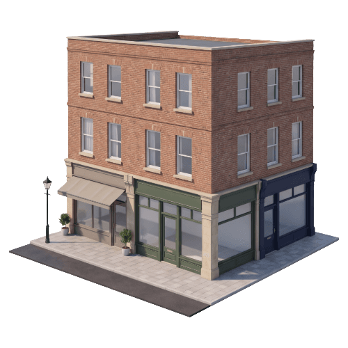 Illustration of a row of London high-street shopfronts with a shared upper floor of office windows.